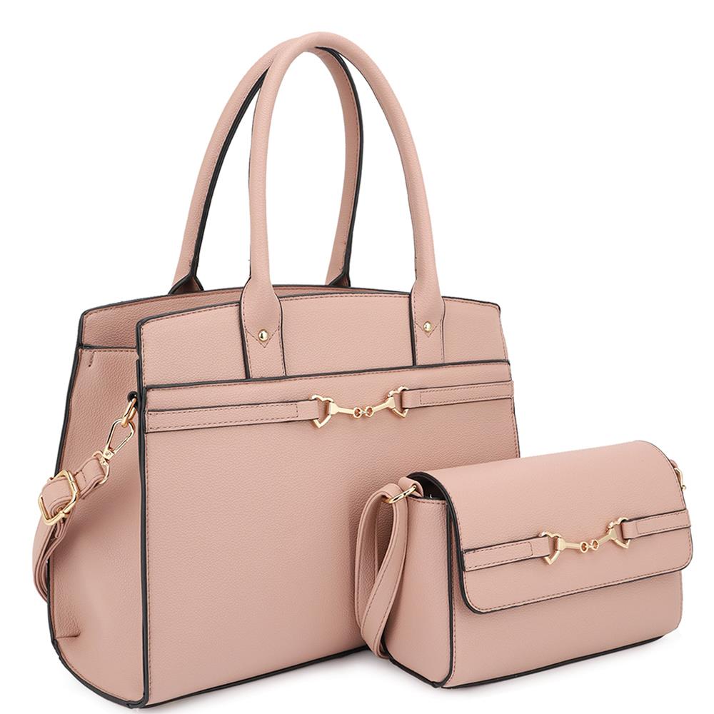 Women's 2 in 1 Matching Design Handle Satchel With Crossbody Bag