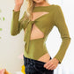 Women's Green Cut-out Tie Knit Long Sleeve Bodysuit