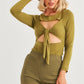 Women's Green Cut-out Tie Knit Long Sleeve Bodysuit