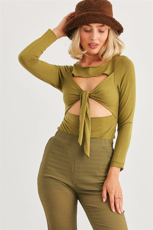 Women's Green Cut-out Tie Knit Long Sleeve Bodysuit