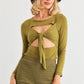 Women's Green Cut-out Tie Knit Long Sleeve Bodysuit