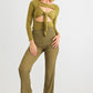 Women's Green Cut-out Tie Knit Long Sleeve Bodysuit