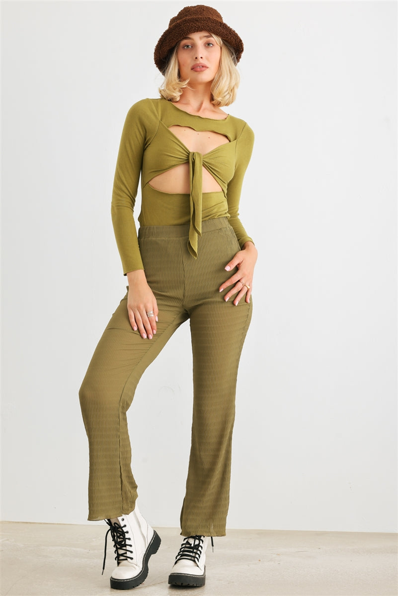 Women's Green Cut-out Tie Knit Long Sleeve Bodysuit