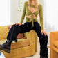 Women's Green Cut-out Tie Knit Long Sleeve Bodysuit