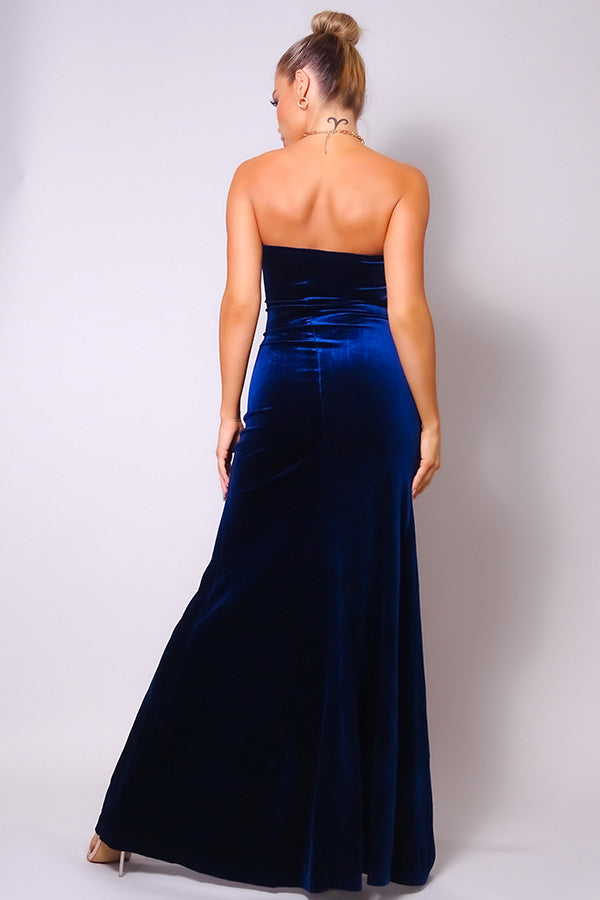 Women's Strapless Sweetheart Maxi Blue Velvet Dress