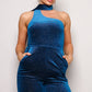Women's Scarf Top Glitter Blue Velvet Jumpsuit