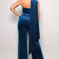 Women's Scarf Top Glitter Blue Velvet Jumpsuit