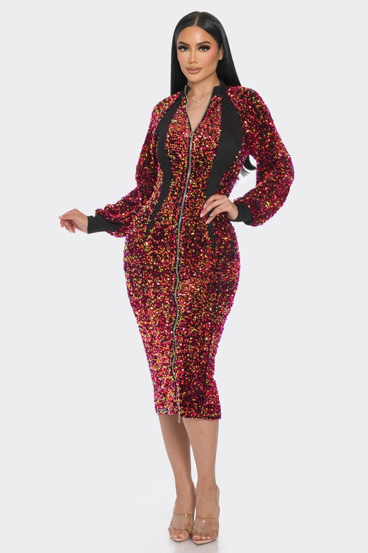 Women's Mid Way Two Zip Up Sparkling Sequin Contrast Dress (S & M Only)