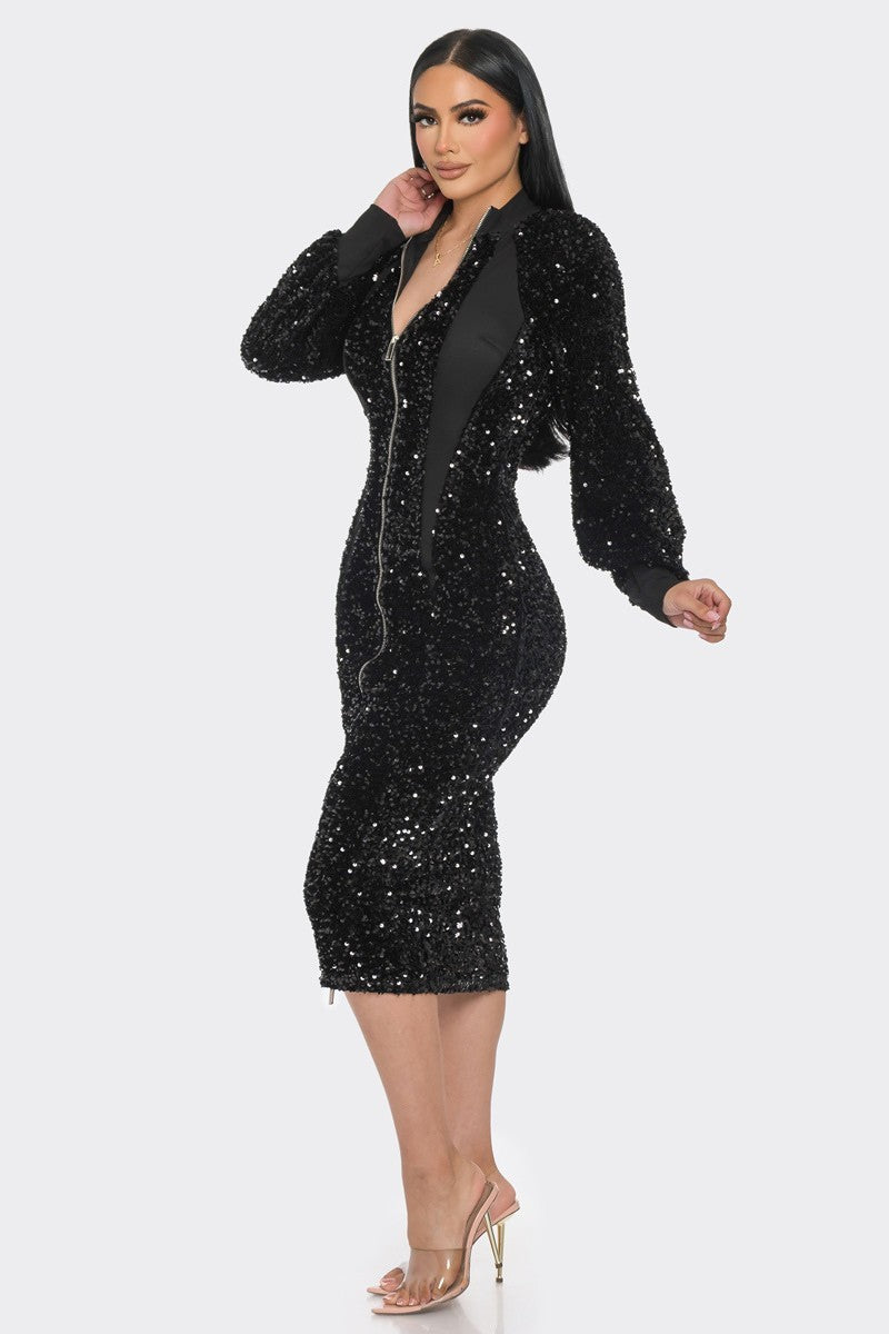 Women's Midi 2 Way Zip Up Sequin Contrast Dress