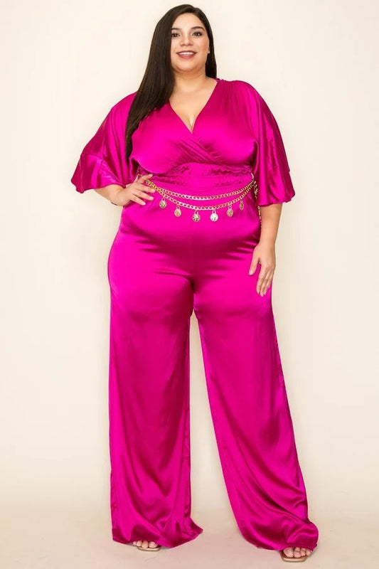 Women's Plus Satin Wrap Front Short Sleeve Smocked Waist Jumpsuit