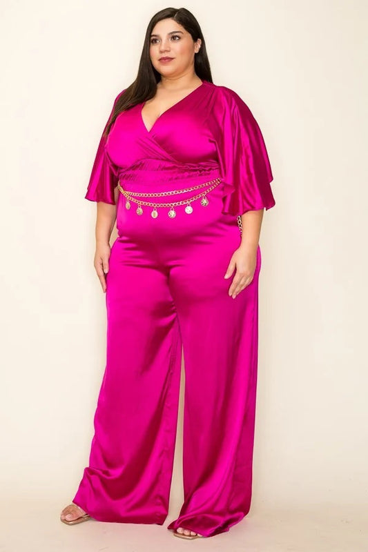 Women's Plus Satin Wrap Front Short Sleeve Smocked Waist Jumpsuit
