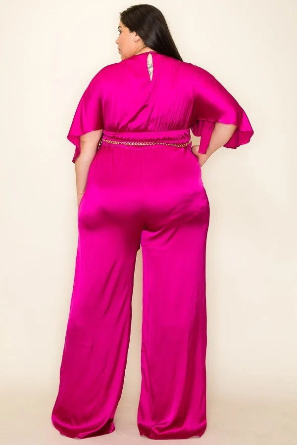 Women's Plus Satin Wrap Front Short Sleeve Smocked Waist Jumpsuit