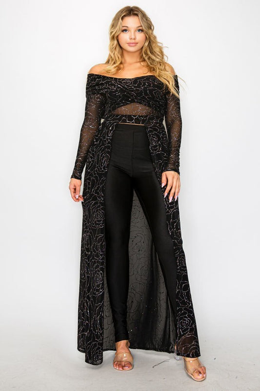 Women's Mesh Glitter See-through -cross Shoulder Wrap Maxi Dress (3X Only)