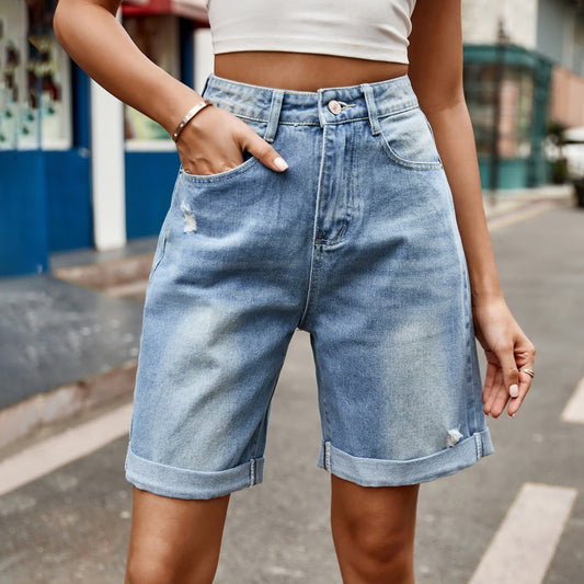 Women's Distressed Buttoned Denim Jean Shorts with Pockets