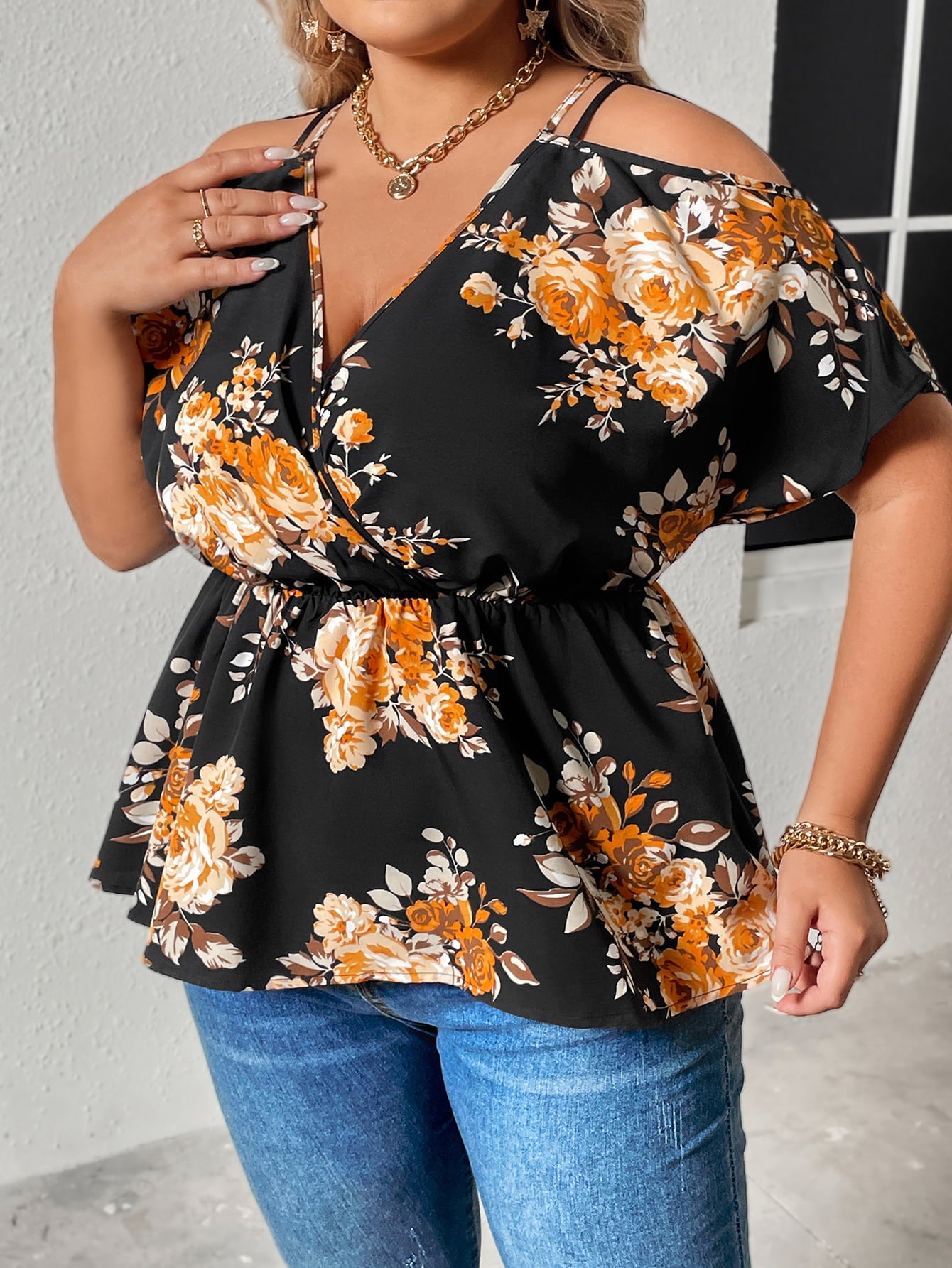 Women's Plus Size Floral Print Cold Shoulder Surplice Neck Blouse
