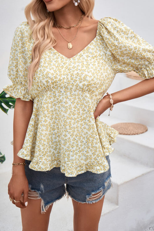 Women's V-Neck Flounce Sleeve Blouse