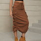 Women's Drawstring Ruched Slit Denim Midi Skirt