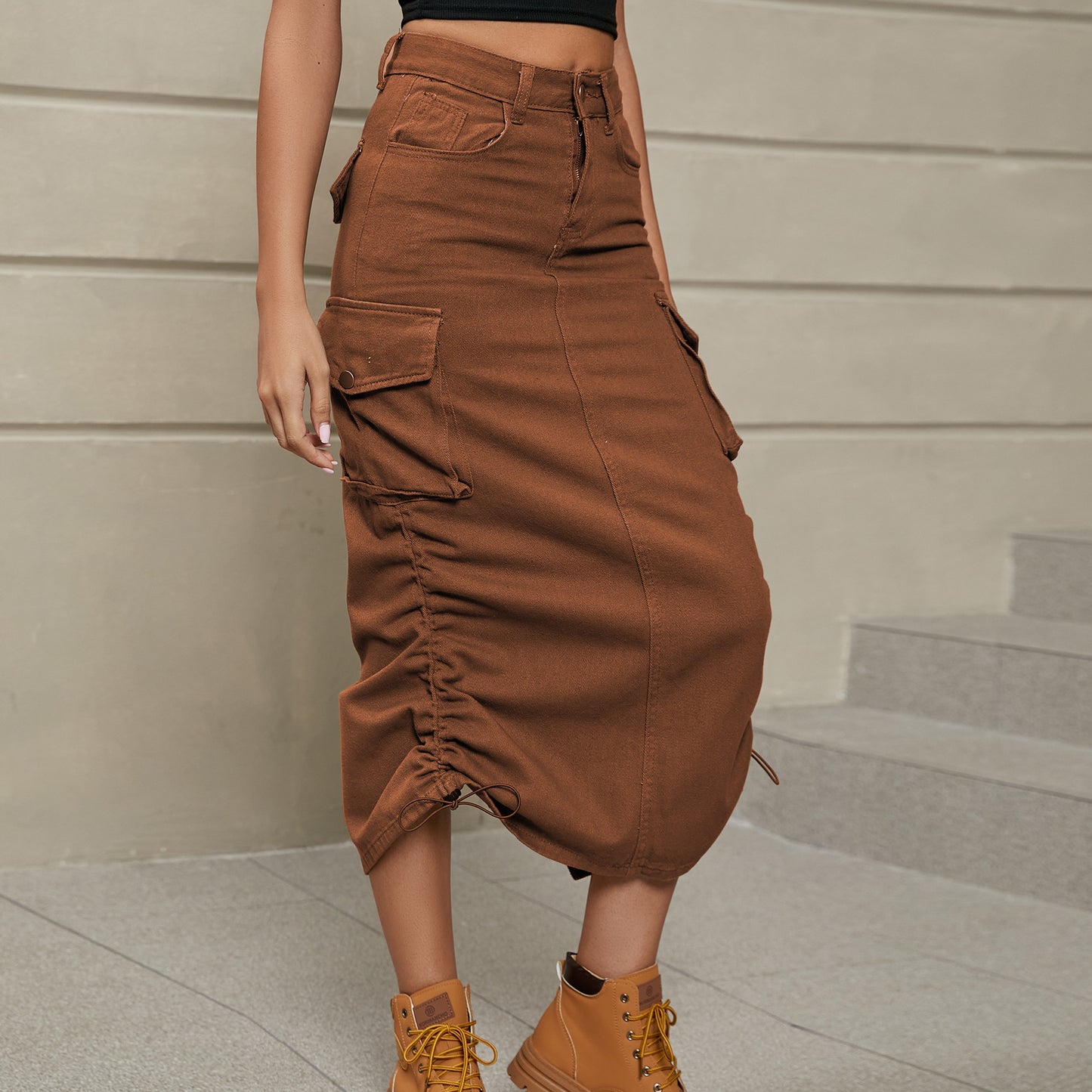 Women's Drawstring Ruched Slit Denim Midi Skirt