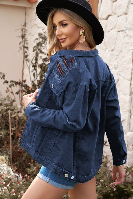 Women's Distressed Button-Up Denim Jacket with Pockets