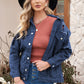 Women's Distressed Button-Up Denim Jacket with Pockets