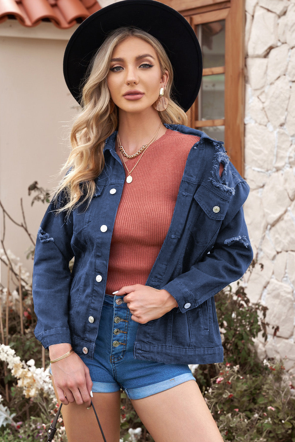 Women's Distressed Button-Up Denim Jacket with Pockets