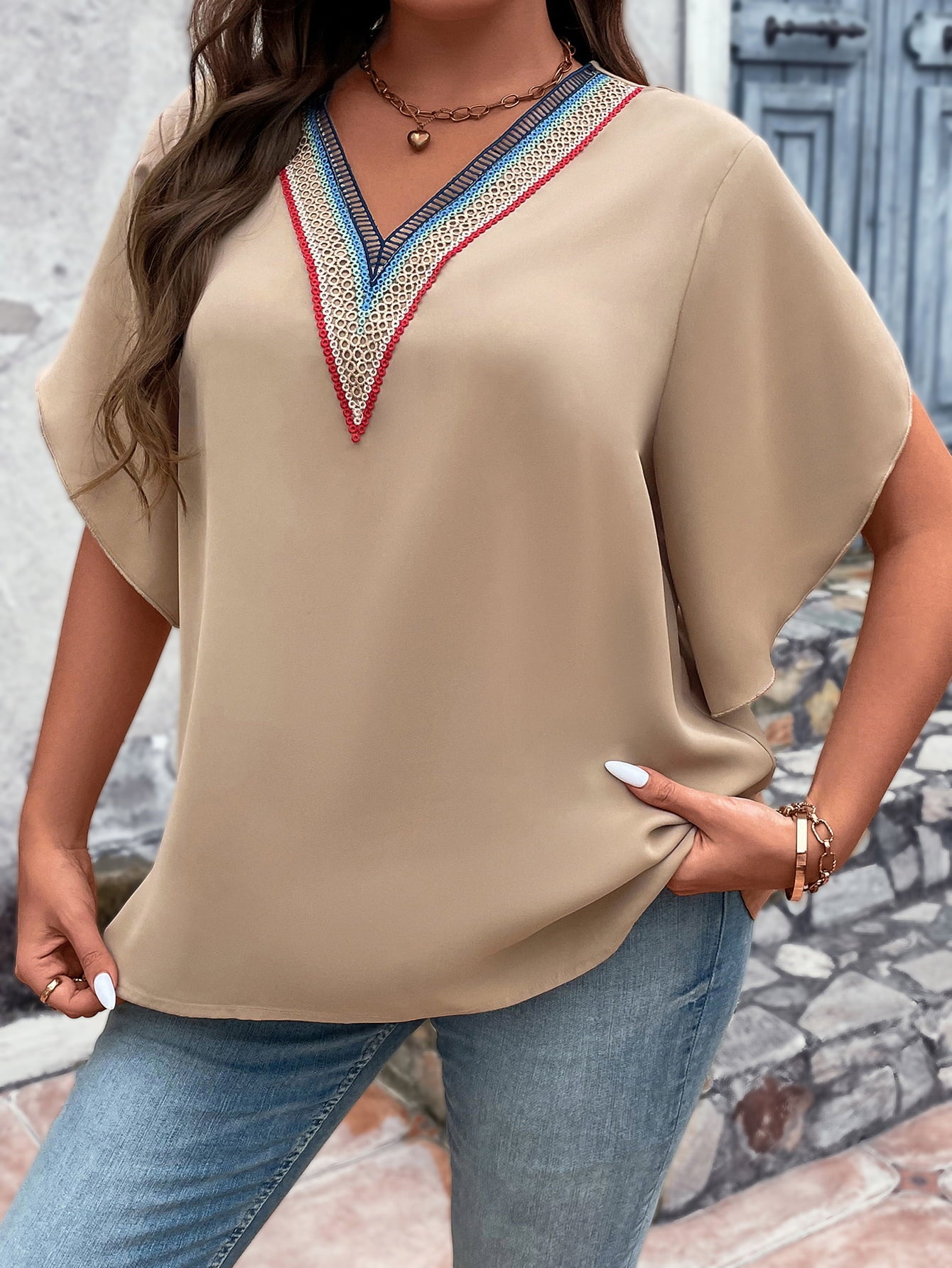 Women's Plus Size V-Neck Flutter Sleeve Blouse