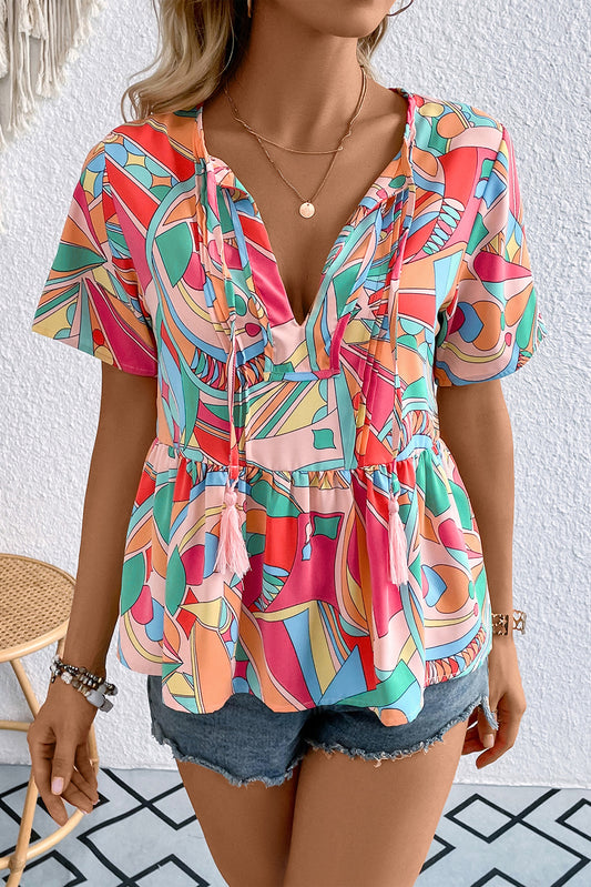 Women's Printed Tie Neck Short Sleeve Blouse