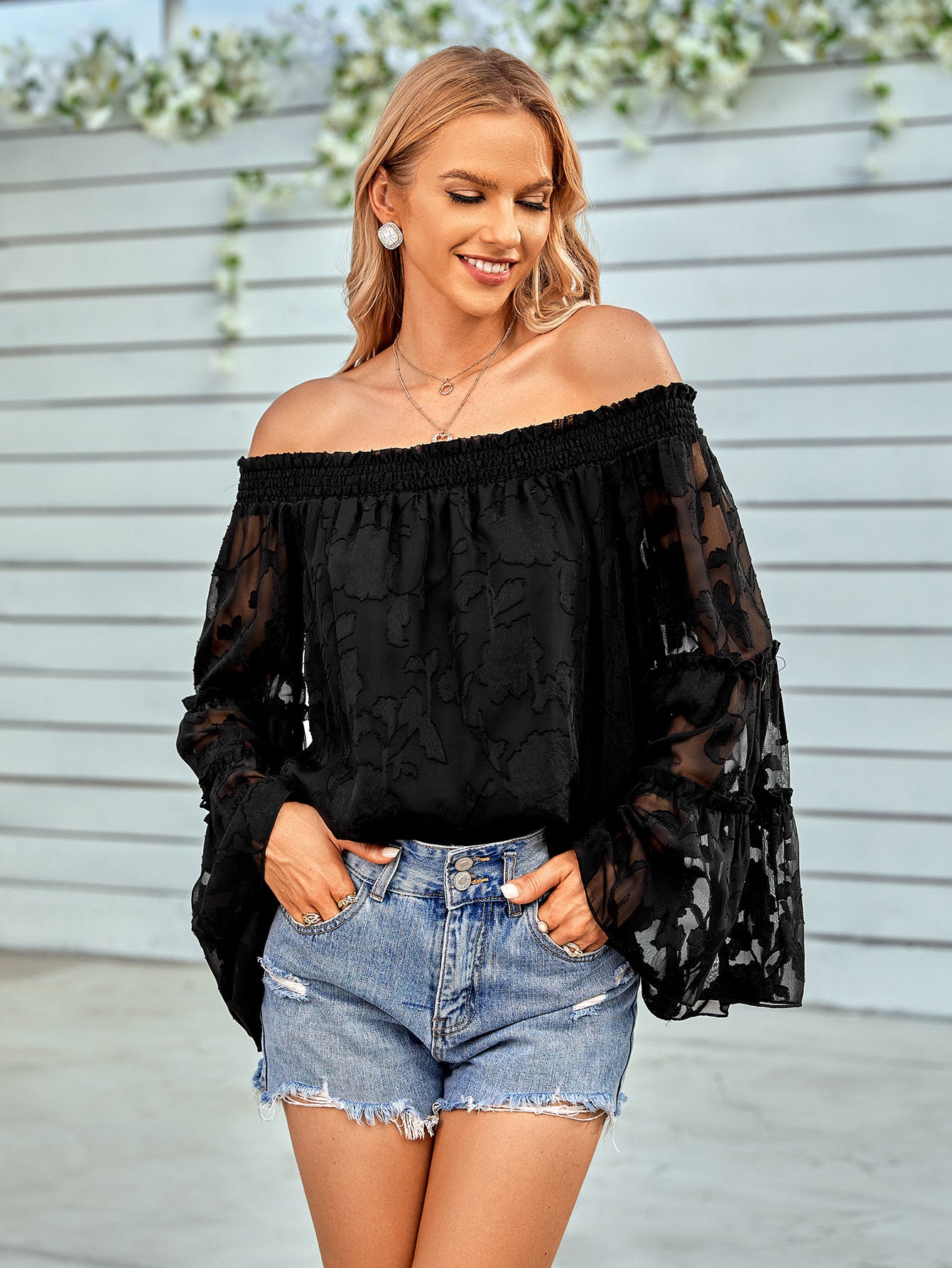 Women's Applique Flounce Sleeve Off-Shoulder Blouse