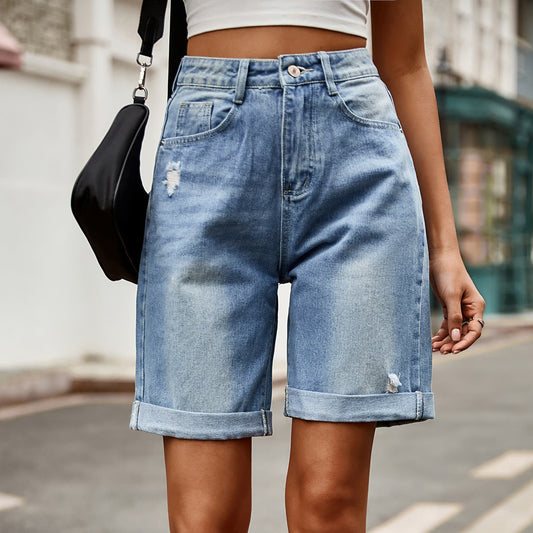 Women's Distressed Buttoned Denim Jean Shorts with Pockets