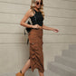 Women's Drawstring Ruched Slit Denim Midi Skirt