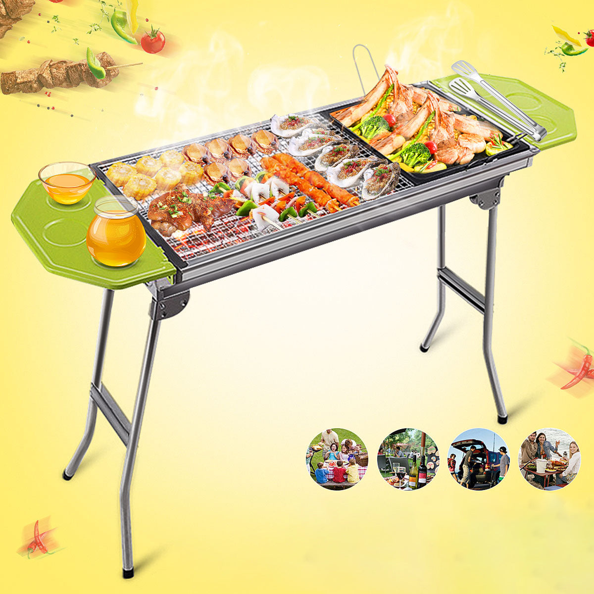 Stainless Steel Outdoor BBQ Charcoal Grill Folding Portable Durable Non-slip BBQ Installation-free Multi-purpose Grill