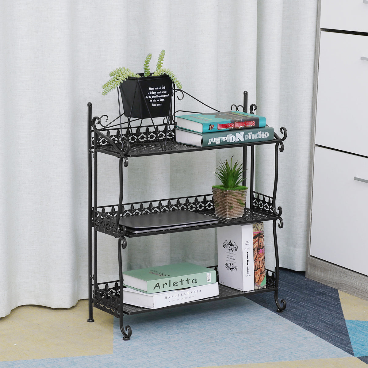 Three Tiers Folding Iron Kitchen Organizer Large Capacity Bathroom Bedroom Rack Book Shelf for Home Office