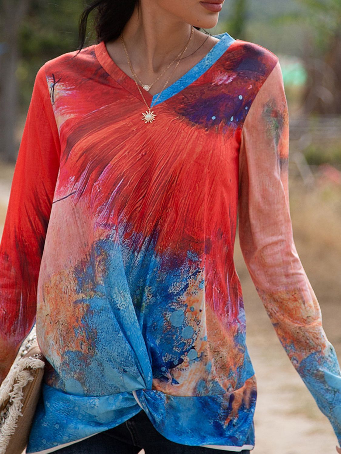 Women's Twisted Multicolor V-Neck Long Sleeve Tee