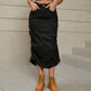 Women's Drawstring Ruched Slit Denim Midi Skirt