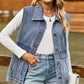 Women's Sleeveless Collared Neck Denim Vest with Pockets