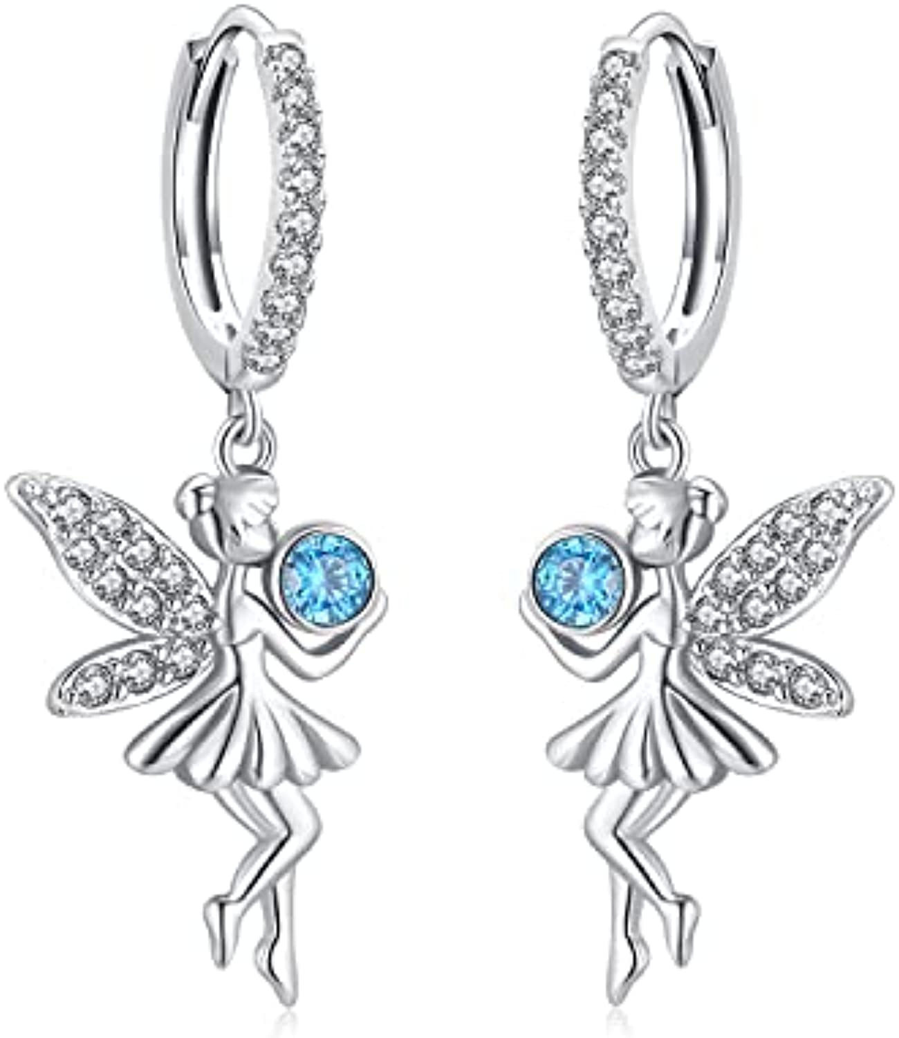 Women's 925 Sterling Silver Fairy Angel Dangle Guardian Tinkerbell Huggie Hoop Dangle Drop Earrings Jewelry Women Girls