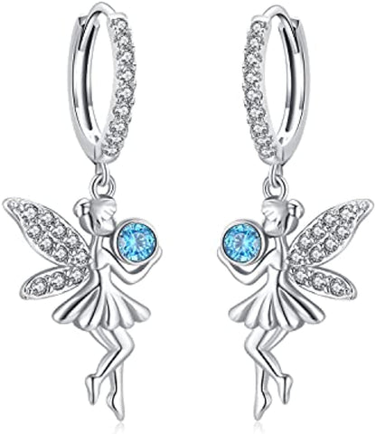 Women's 925 Sterling Silver Fairy Angel Dangle Guardian Tinkerbell Huggie Hoop Dangle Drop Earrings Jewelry Women Girls