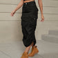 Women's Drawstring Ruched Slit Denim Midi Skirt