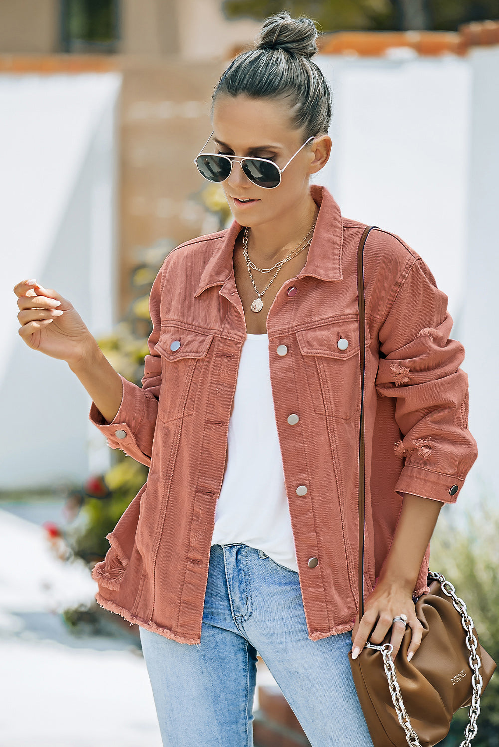 Women's Distressed Raw Hem Denim Jean Jacket