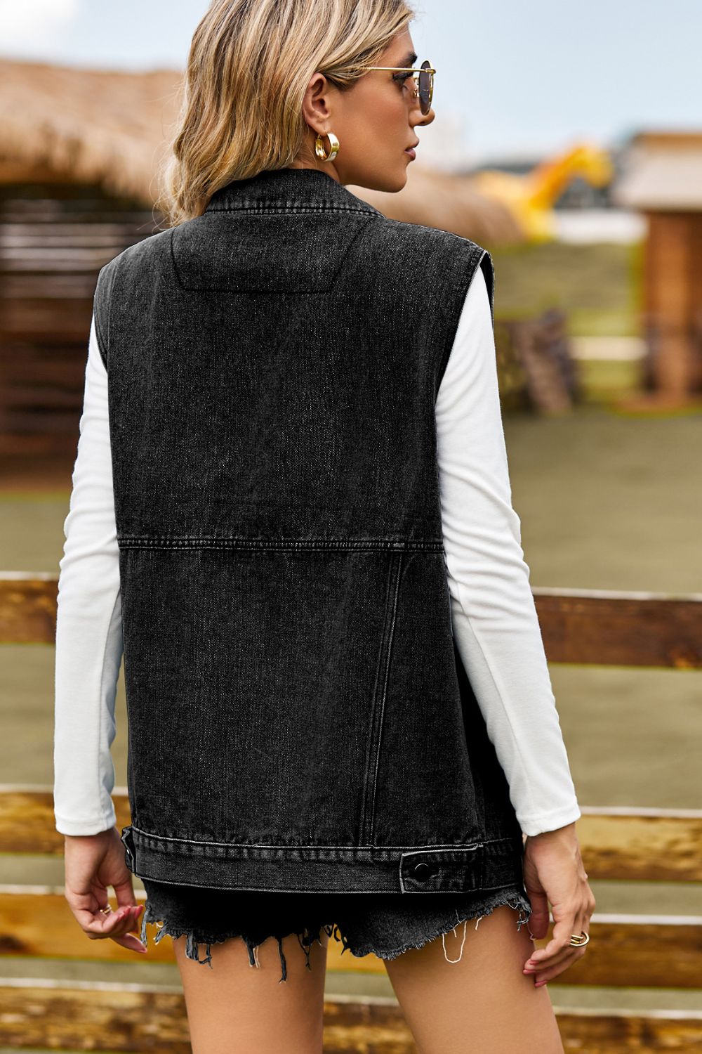 Women's Sleeveless Collared Neck Denim Vest with Pockets