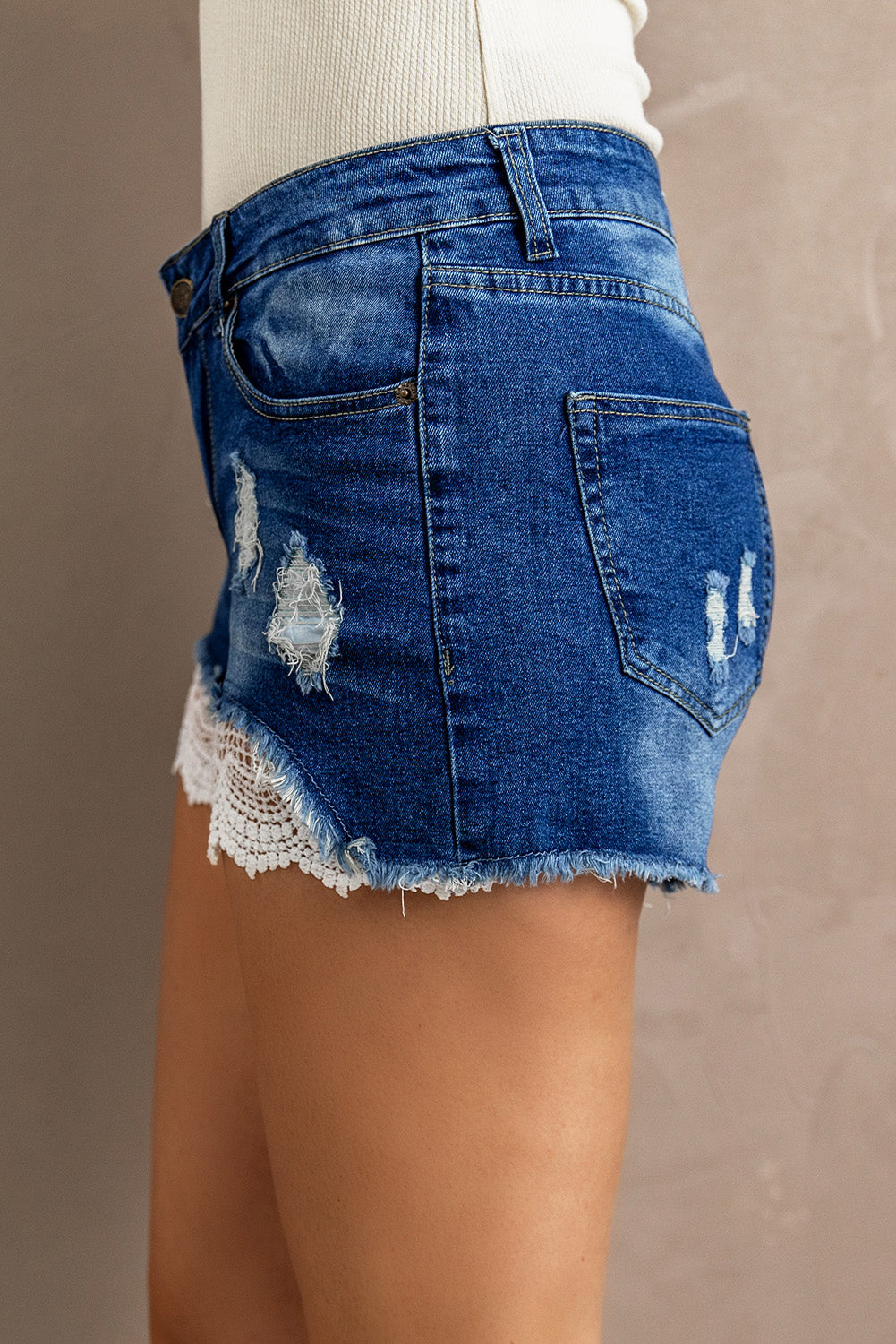 Women's Spliced Lace Distressed Denim Shorts