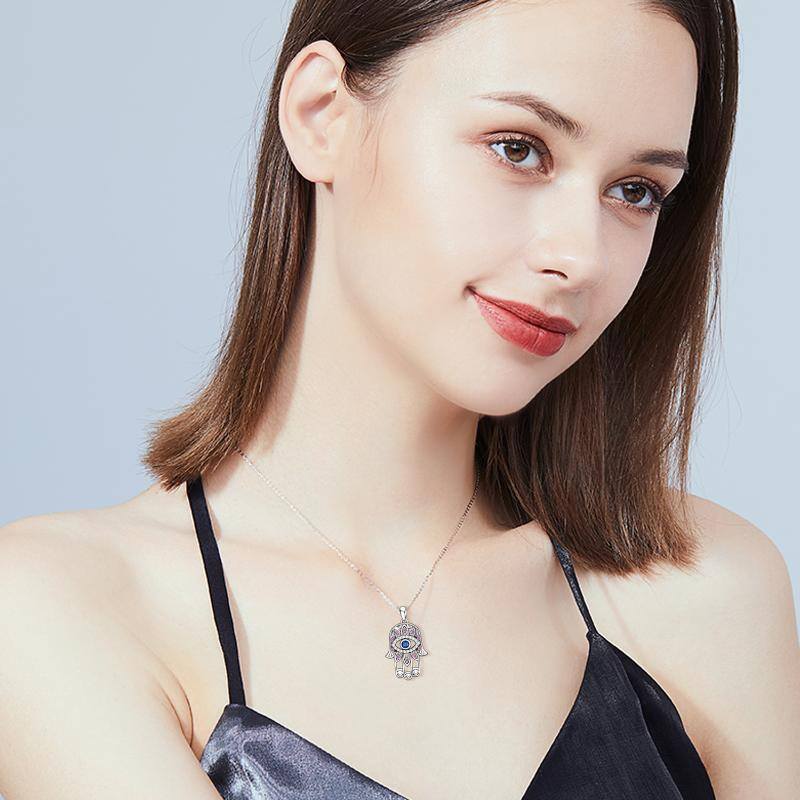 Women Girl's Sterling Silver Hamsa Hand Necklace Good Luck Vintage Fatima Hand Pendant Charm Evil Eye Necklace
