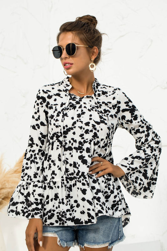 Women's Printed Flare Sleeve Tie Neck Ruffle Trim Blouse