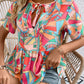 Women's Printed Tie Neck Short Sleeve Blouse
