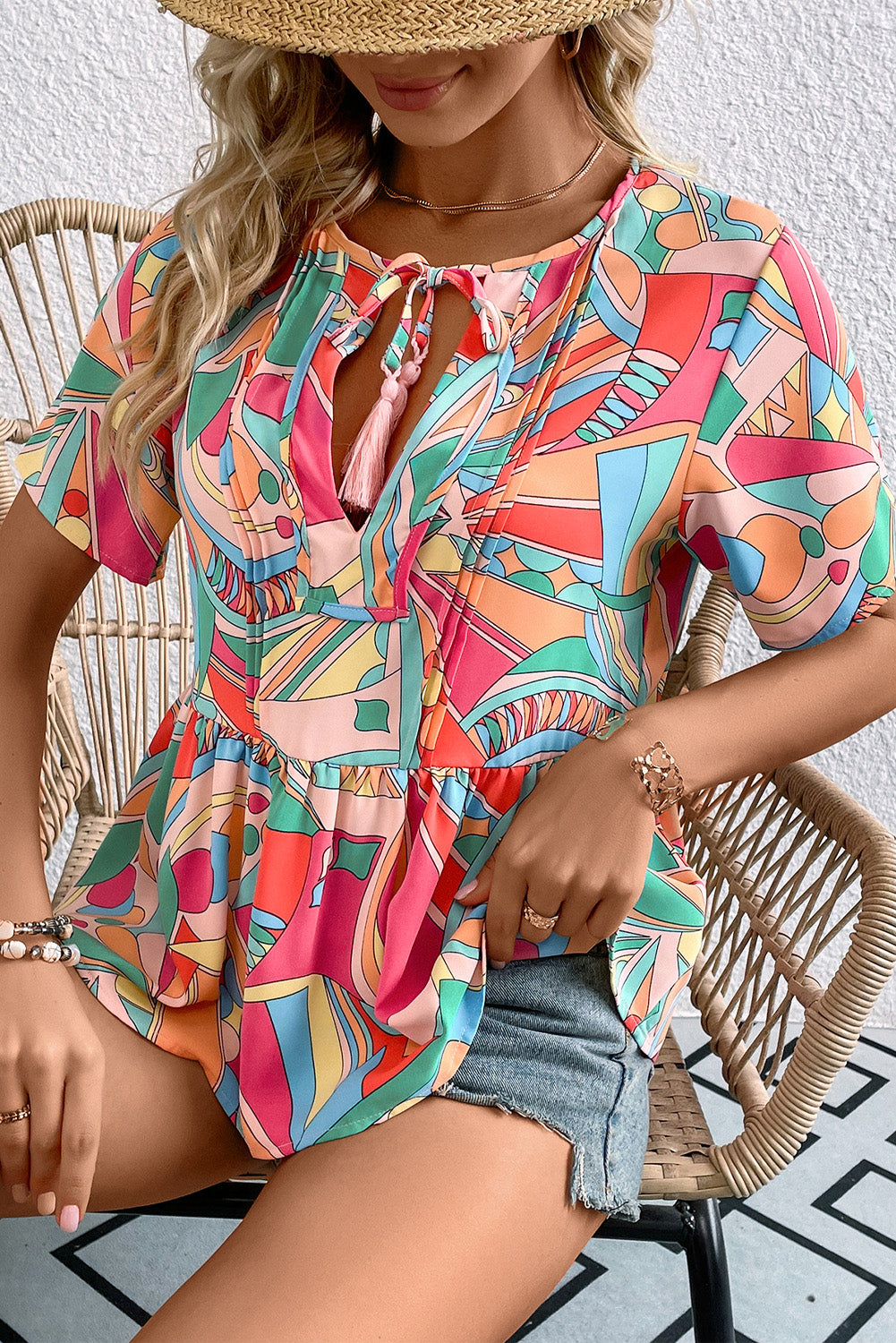 Women's Printed Tie Neck Short Sleeve Blouse