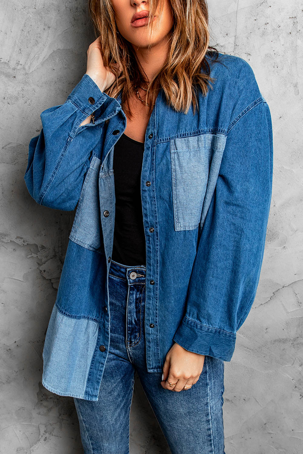 Women's Color Block Snap Denim Jacket