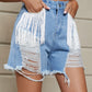 Women's Fringe Trim Distressed Denim Shorts with Pockets