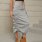 Women's Drawstring Ruched Slit Denim Midi Skirt