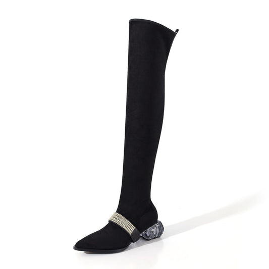 Women's Suede Leather Velvet Pointed Toe Crystal Chunky Heel Boots