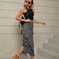 Women's Drawstring Ruched Slit Denim Midi Skirt